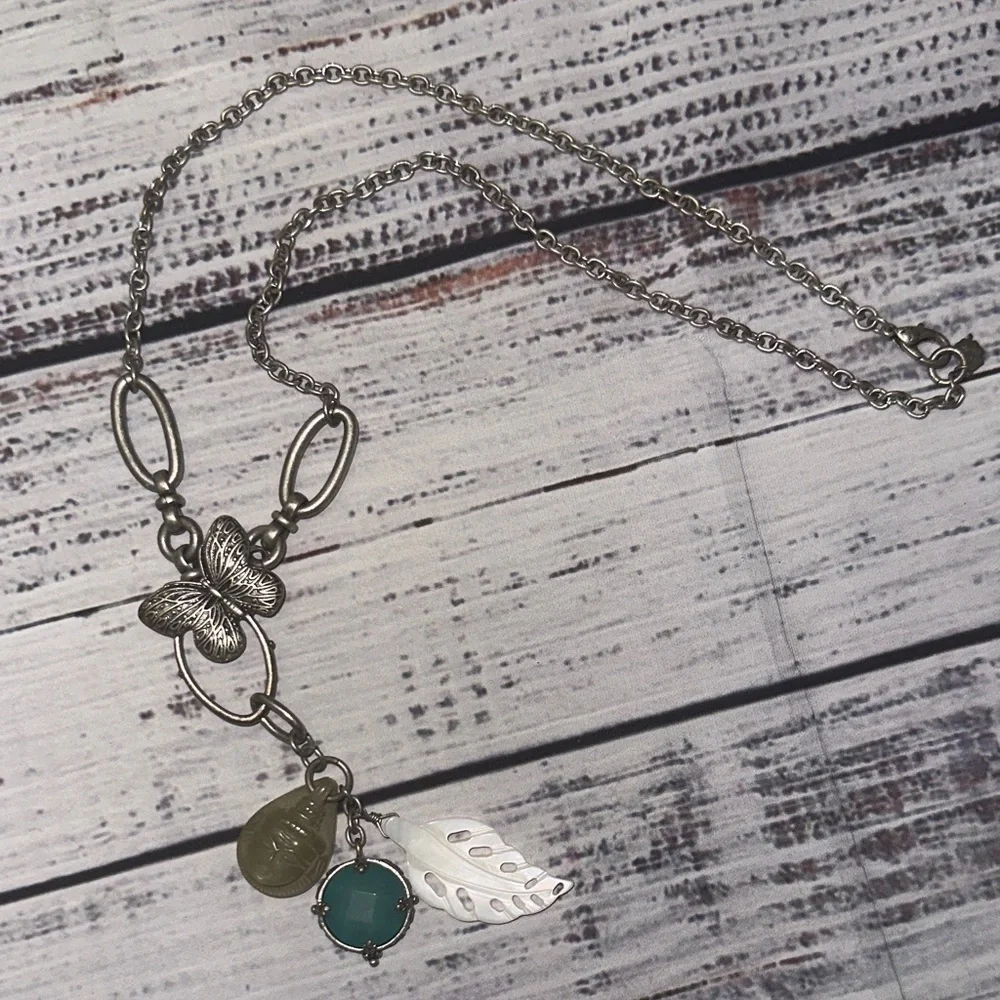 Lucky Brand-Buddha-Silver Butterfly Pendant-MOP Leaf Charm‎ Tassel 20